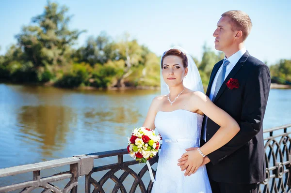 Eine Hochzeit am Meer. Flitterwochen. das Brautpaar, das sich am Seeufer umarmt. Bräutigam und Braut umarmen sich auf einem grünen See. Bräutigam und Braut in einem Park. Brautkleid. Brautstrauß aus Blumen. — Stockfoto