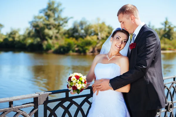 A wedding by the sea. Honeymoon. The bride and groom hugging on the shore of Lake. groom and bride hugging on a green lake. Groom and Bride in a park. wedding dress. Bridal wedding bouquet of flowers. — Stock Photo, Image