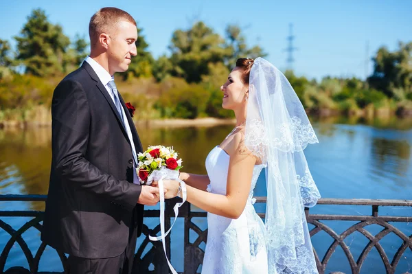 Um casamento à beira-mar. Lua-de-mel. A noiva e o noivo abraçados na margem do lago. noivo e noiva abraçando em um lago verde. O noivo e a noiva num parque. Vestido de noiva. Buquê de casamento nupcial de flores . — Fotografia de Stock