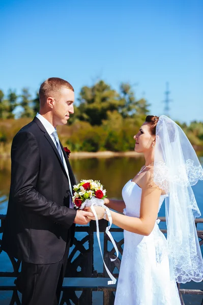 在海边的婚礼。我们的蜜月。新娘和新郎在湖岸的拥抱。新郎和新娘拥抱绿色的湖面上。新郎和新娘在公园里。婚纱礼服。新娘婚礼花束的花朵. — 图库照片