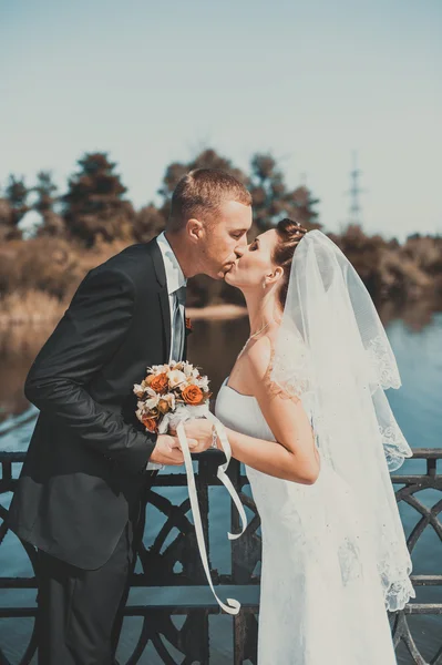 Un matrimonio in riva al mare. Luna di miele. Gli sposi che si abbracciano sulla riva del lago. sposo e sposa abbracciati su un lago verde. Sposo e sposa in un parco. abito da sposa. Bouquet da sposa di fiori . — Foto Stock