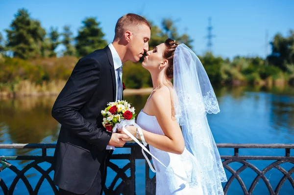 Un matrimonio in riva al mare. Luna di miele. Gli sposi che si abbracciano sulla riva del lago. sposo e sposa abbracciati su un lago verde. Sposo e sposa in un parco. abito da sposa. Bouquet da sposa di fiori . — Foto Stock