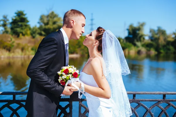 Um casamento à beira-mar. Lua-de-mel. A noiva e o noivo abraçados na margem do lago. noivo e noiva abraçando em um lago verde. O noivo e a noiva num parque. Vestido de noiva. Buquê de casamento nupcial de flores . — Fotografia de Stock