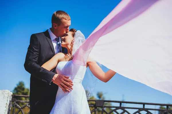 Newly married couple.wind lifting long white bridal veil. bride and groom with the pink shawl. — Stock Photo, Image