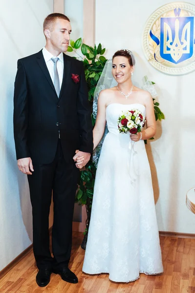 Bir kayıt defteri ofisinde, evlilik düğün töreni. — Stok fotoğraf