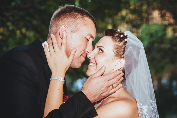 Um casamento à beira-mar. Lua-de-mel. A noiva e o noivo abraçados na margem do lago. noivo e noiva abraçando em um lago verde. O noivo e a noiva num parque. Vestido de noiva. Buquê de casamento nupcial de flores . — Fotografia de Stock