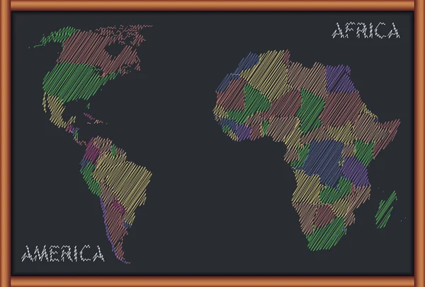 Tableau noir avec la carte de l'Amérique et de l'Afrique — Image vectorielle