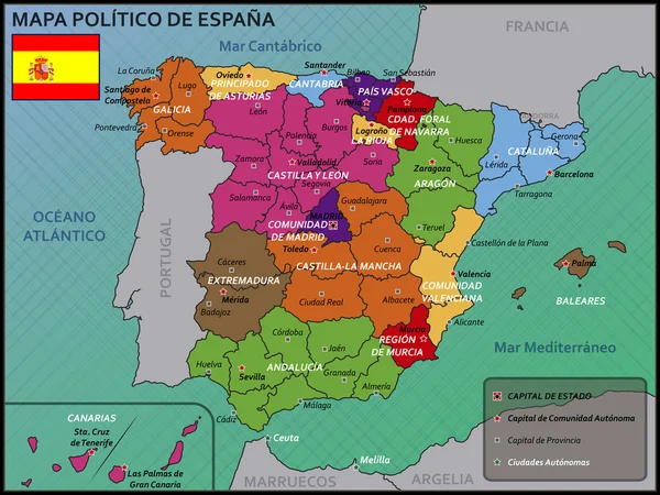 Mapa político da Espanha com bandeira e emblema — Vetor de Stock