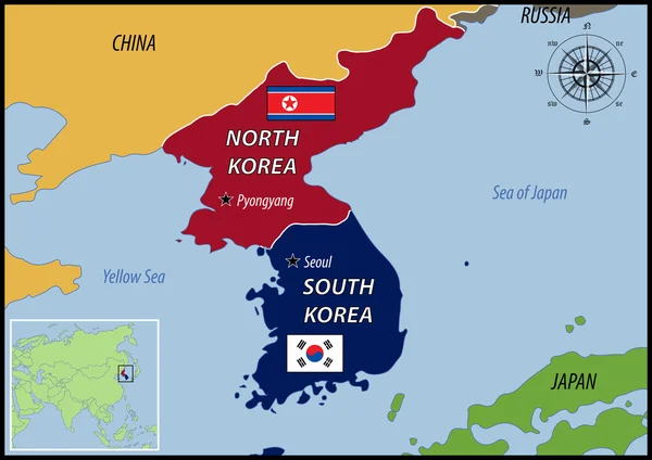 Mapa de Ubicación de Corea y Banderas — Archivo Imágenes Vectoriales