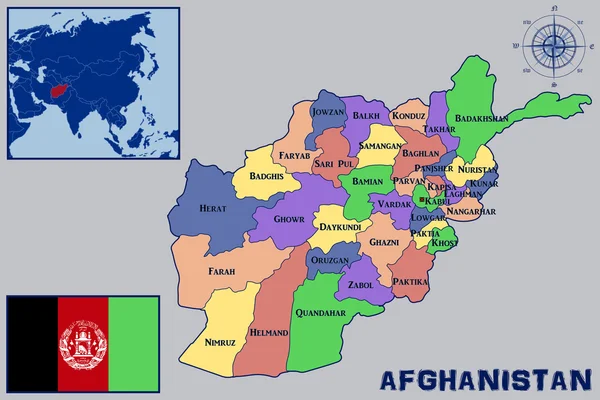 Kaart, de vlag en de locatie van Afghanistan — Stockvector