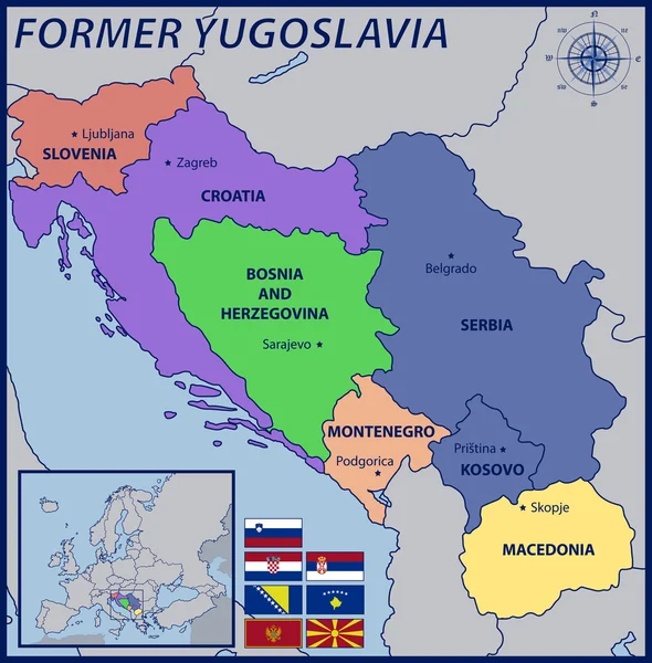 Map, Location and Flags of the Former Yugoslavia — Stock Vector