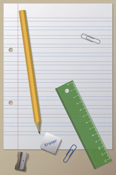 Бумага, карандаш, ластик, точилка для карандашей, линейка и зажимы — стоковый вектор