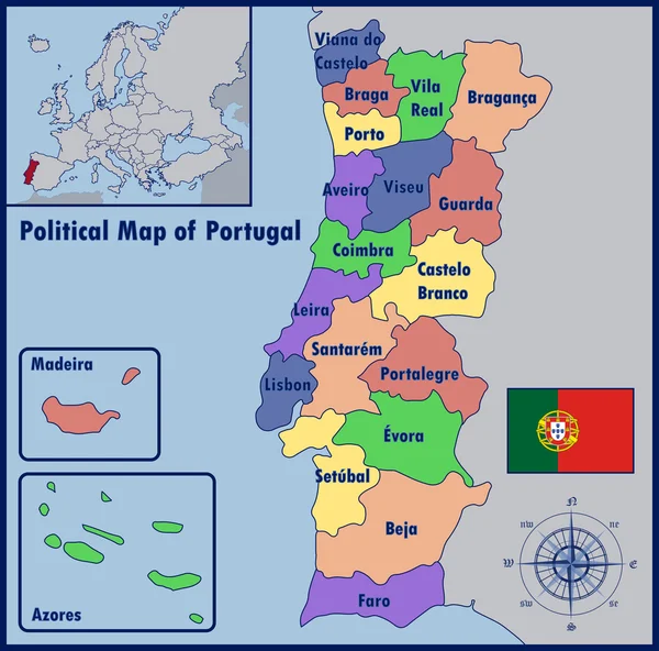 Polityczna mapa Portugalii — Wektor stockowy