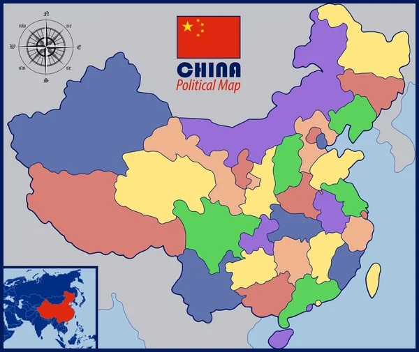 Mapa en blanco coloreado de China con bandera — Vector de stock
