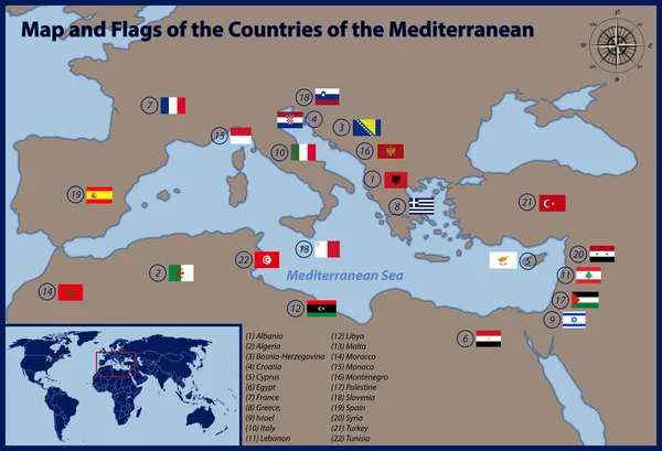 Harita ve Akdeniz ülkelerinin bayrakları — Stok Vektör