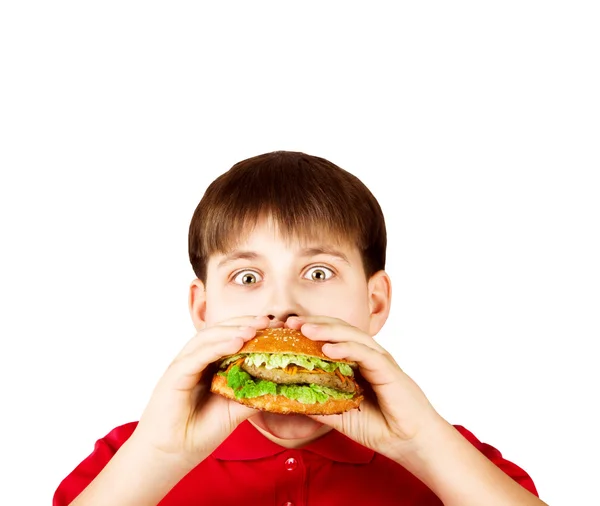 Chłopiec z hamburger — Zdjęcie stockowe