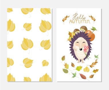Merhaba sonbahar. Çizgi film kirpi ile şirin tarzda şık ilham kartı. Baskı tasarımı için şablon.