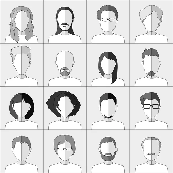 Icone della gente. Serie di icone di persone alla moda piatte in scala di grigi — Vettoriale Stock