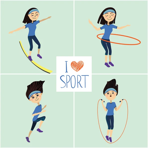 Ensemble d'icônes de fille de formation. J'adore le sport — Image vectorielle