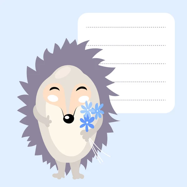 Cute cartoon hedgehog with blue flowers and frame for text. Template for school accessories, scrapbook,cards, notebooks, diary, decals. — Stock Vector