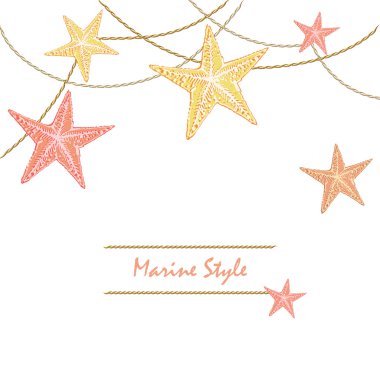 Beyaz mutlu dekoratif deniz kartıyla starfishes. Bir tebrik kartı veya düğün davetiyesi olarak kullanılabilir