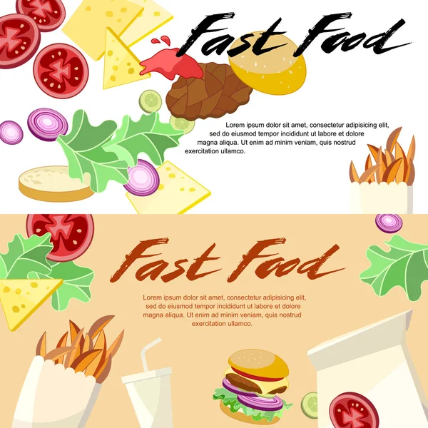 Fast Food koncepció Banner lapos stílusú. Vektor, vízszintes sablonok beállítása a zöldség, sajt, hamburger, sült krumpli, szóda. — Stock Vector