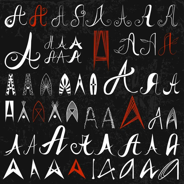 Набор из 50 разнообразных ручных букв А на черном фоне. Может использоваться в качестве элементов дизайна логотипа . — стоковый вектор