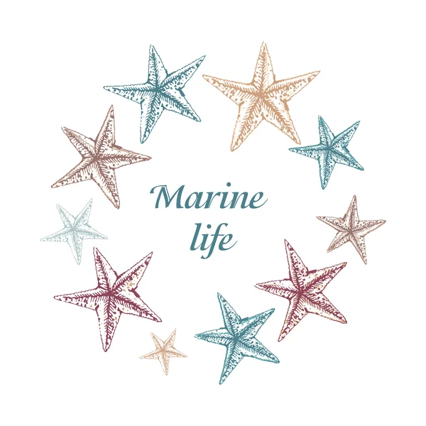 Tarjeta decorativa de mar con estrellas de mar sobre fondo blanco. Se puede utilizar como tarjeta de felicitación o invitación a la boda. Diseño aislado — Archivo Imágenes Vectoriales