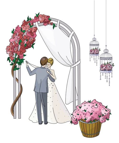 Bride and groom. Newlyweds dancing couple in a romantic atmosphere under a flowered arch — Stock Vector