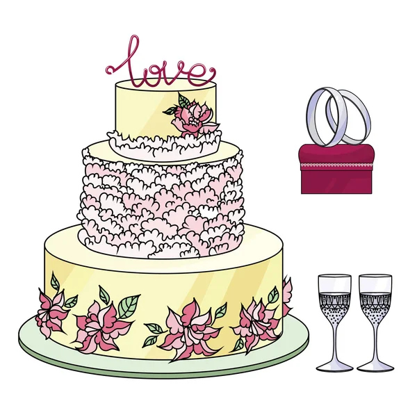 Conjunto de elementos decorativos de la boda y atributos en el croquis — Vector de stock