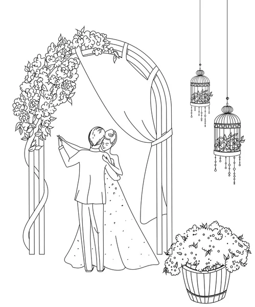 Bruid en bruidegom. Jonggehuwden paar dansen in een romantische sfeer in een bloemrijke boog in lineaire schets — Stockvector