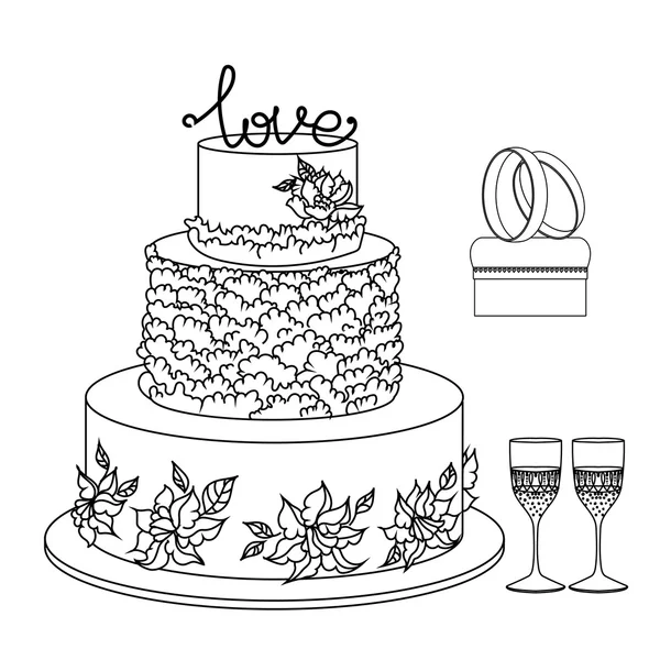 Sada svatební dekorativních prvků a atributů v lineární skica — Stockový vektor