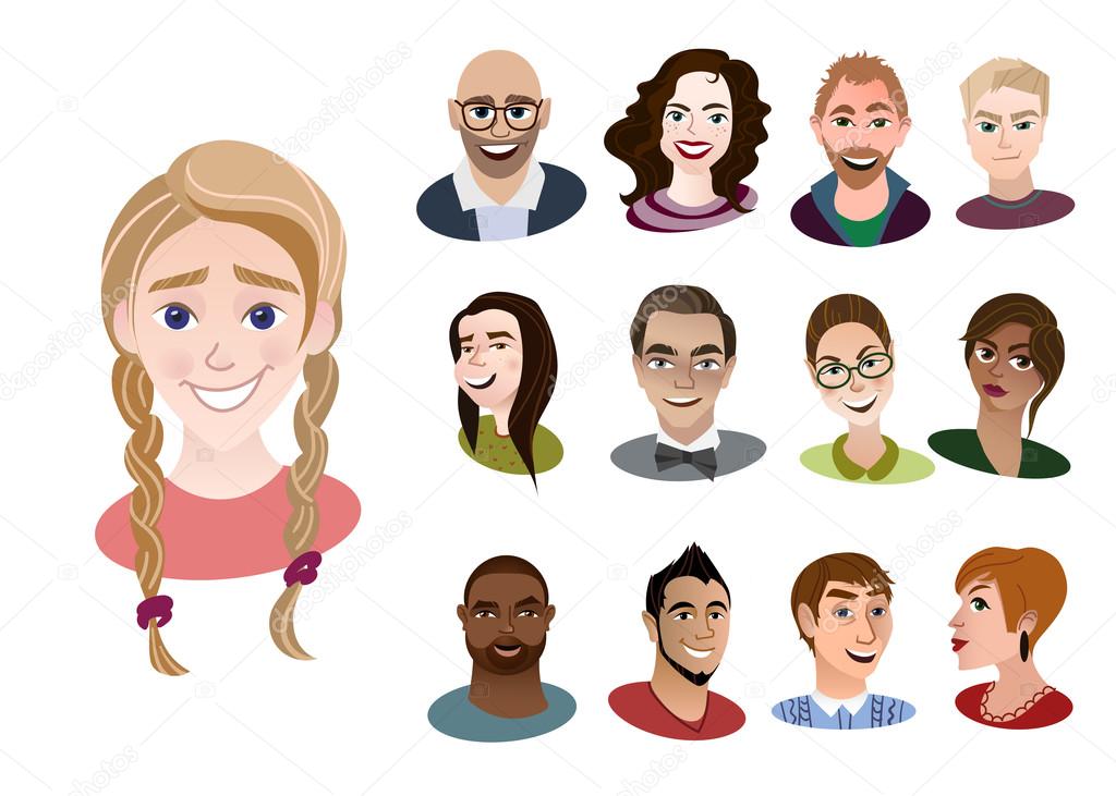 Set of international cartoon avatar icons. Portraits of young women and men
