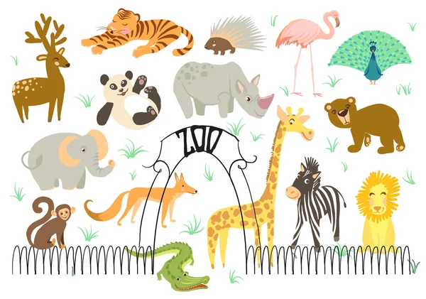 Grote Set Vector Illustratie van dier. Schattige dieren in dierentuinen. — Stockvector