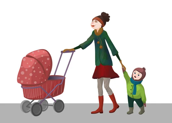 Мать с детьми на прогулке — стоковый вектор