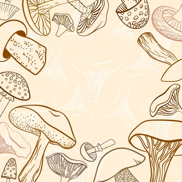 Quadro de cogumelos desenhados à mão diferentes em tons marrom pastel. Pode ser usado nós projeto do menu do restaurante —  Vetores de Stock