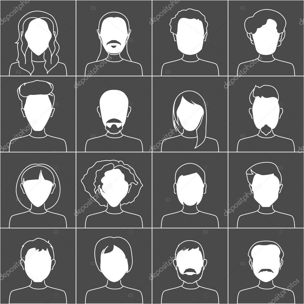 People icons. Set of stylish people icons in black and white on dark background
