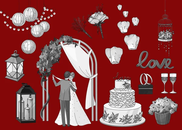 Conjunto de elementos de boda dibujados a mano - cadena de luces, linternas, flores, velas, pastel, anillos, gafas, novia y novio sobre fondo rojo — Vector de stock
