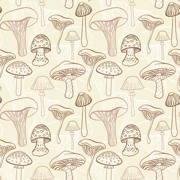 Seamless pattern with different hand drawn mushrooms in pastel brown tones. — Stock Vector