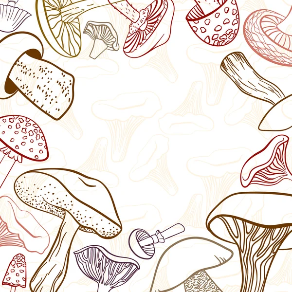 Sfondo con diversi funghi lineari disegnati a mano su bianco. Può essere utilizzato come design del menu del ristorante . — Vettoriale Stock