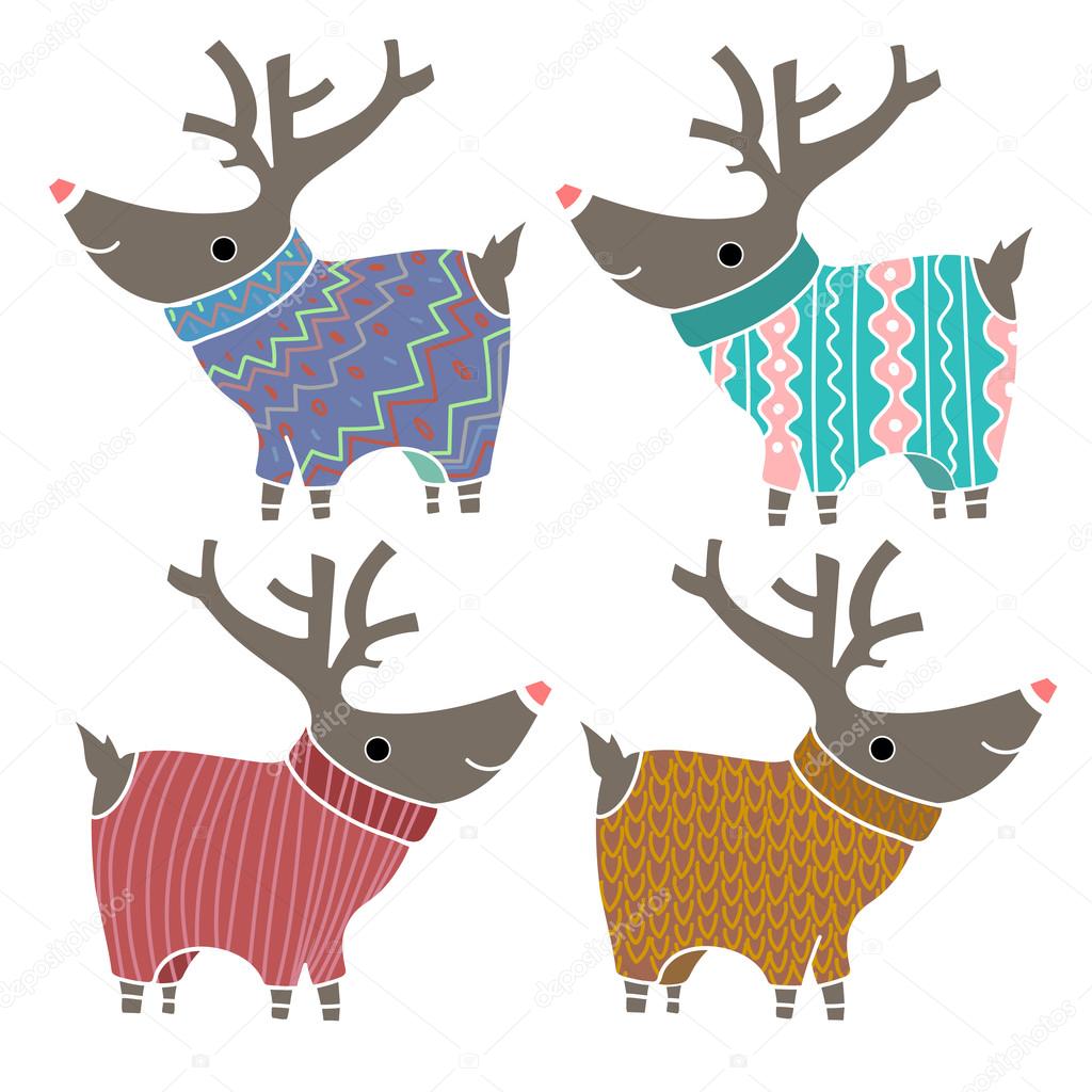 Set of four cute reindeers in amusing knitted sweaters. Design element for Christmas and New Year Cards and Banners
