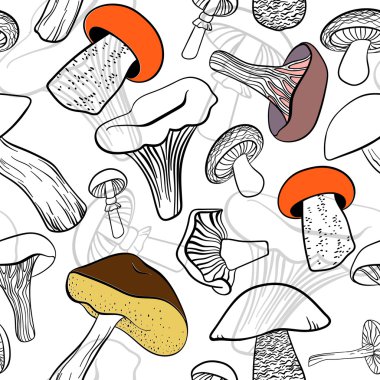 Siyah ve beyaz renk kontrastlar ile mantar seamless modeli farklı el ile çizilmiş.