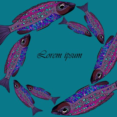 Çerçeve ile mavi arka plan üzerinde mor vektör balıklar. Balık sürüsü. Baskı tasarımı için şablon. Tasarım olarak-ebilmek var olmak kullanılmış için balık lokantası.
