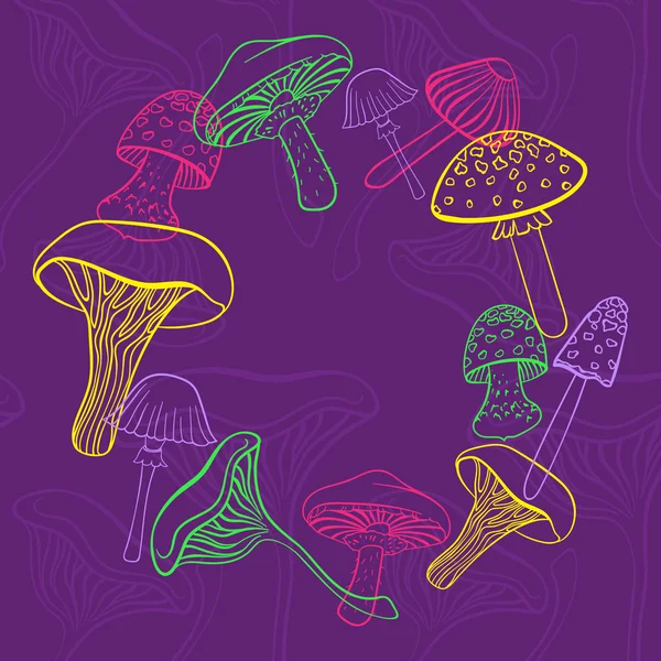 Rundrahmen aus verschiedenen handgezeichneten Pilzen in leuchtenden Farben auf violettem Untergrund. kann als Speisekarte für Restaurants verwendet werden. — Stockvektor