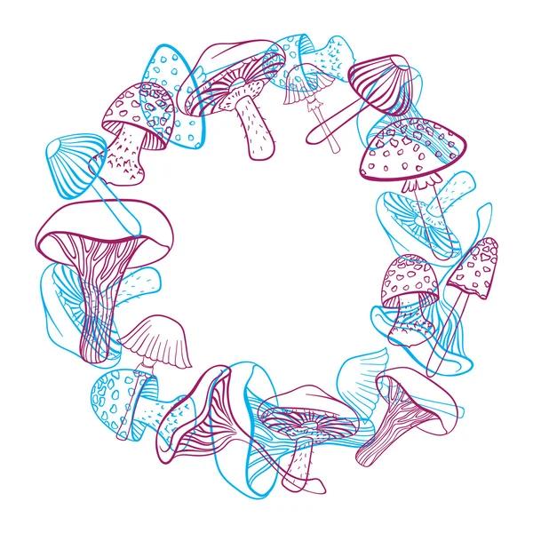 Cadre circulaire de différents champignons dessinés à la main dans des couleurs vives. Peut être utilisé comme design de menu restaurant . — Image vectorielle