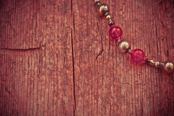 Beaded Necklace Christmas Tree Wooden Background — Stock Photo, Image