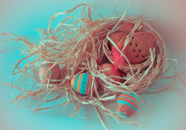 Colorful Easter Eggs Bird Nest Blue Background — Stock Photo, Image