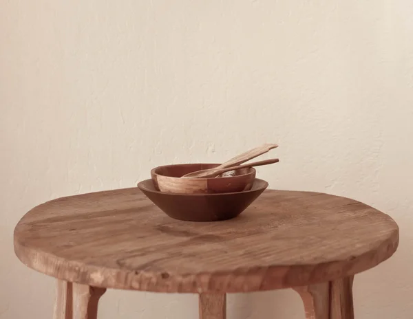 Rustic Ceramic Bowls Spoons Wood Table — Stock Photo, Image