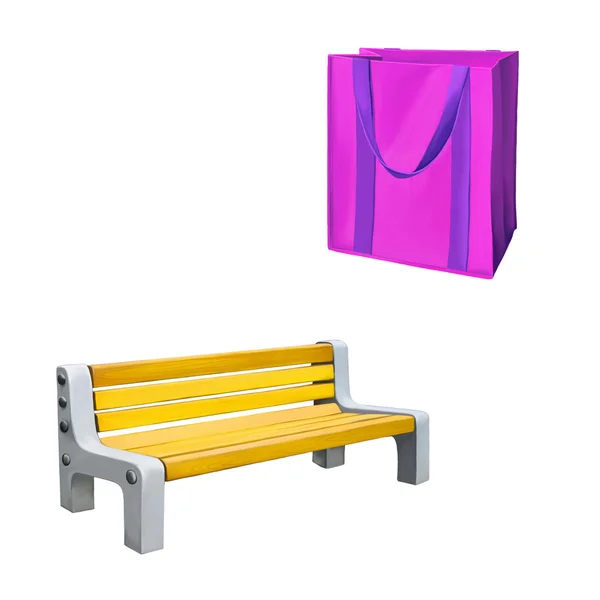 Torba na zakupy i żółtej ławce w parku — Zdjęcie stockowe