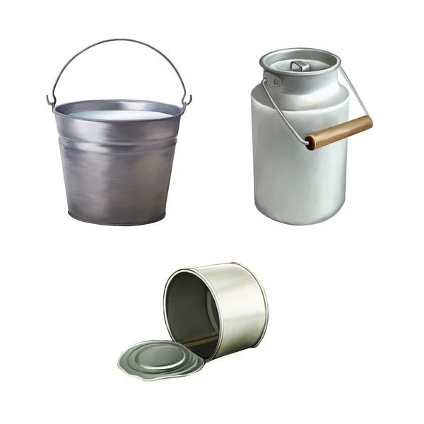 Metal bucket with milk and tincan — Stock Photo, Image